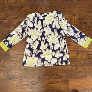 Talbots Floral Squareneck Navy Blouse NWT Size Large 3/4 Sleeve Stretchy Nylon